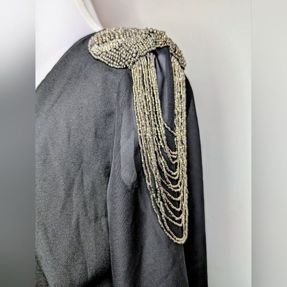 Charlotte Russe Black Beaded Shoulder Dress Long Sheer Sleeve Wrap Elastic Waist - Picture 5 of 8